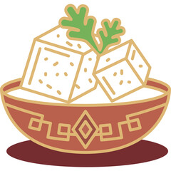 Stylized illustration of two cubes of tofu garnished with a green herb in a decorative brown bowl on a transparent background