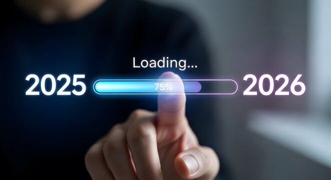 Loading progress bar from 2025 to 2026, showing 75% completion of the business plan with finger touch