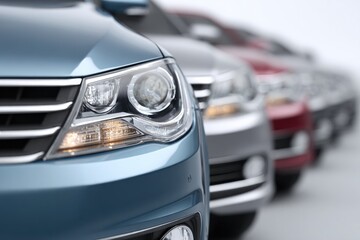 Fototapeta premium Sleek cars lined up in showroom, showcasing modern design and ad