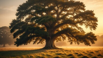 Majestic Ancient Oak Tree at Sunset: Golden Hour Landscape Photography, Nature's Beauty, Serene and Peaceful Rural Scene