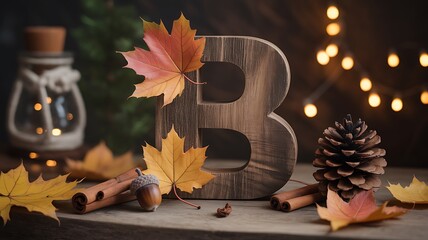 Autumnal letter b with leaves and pine cone display