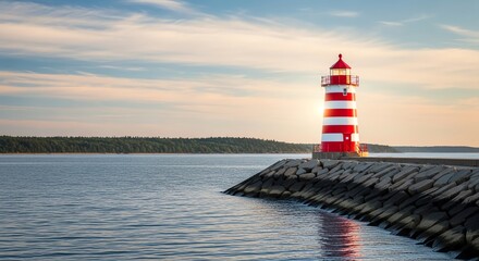 Red and white lighthouse on rocky coast