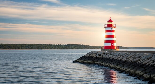 Red and white lighthouse on rocky coast