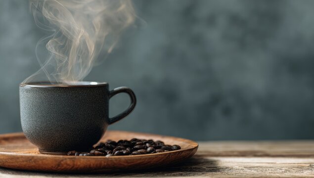 Steaming coffee cup, beans, wooden tray, dark background, cafe