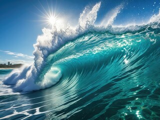 Majestic Ocean Wave Explosion: Stunning Blue Wave Photography, Coastal Power, Sunlit Sea, Dramatic Surf, Beach Vibes