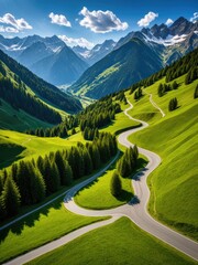 Majestic Alpine Vista: Serpentine Road Weaving Through Lush Green Valleys, Pine Forests & Towering Peaks Under Blue Skies
