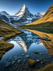 Majestic Matterhorn Reflection: Stunning Alpine Landscape, Switzerland Mountain View, Serene Lake, Golden Hour Beauty