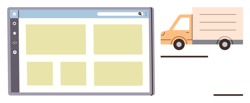 Browser window with grid layout and orange delivery truck moving in tandem. Ideal for logistics, shipping, e-commerce, online tracking, delivery service, supply chain, inventory management. Simple