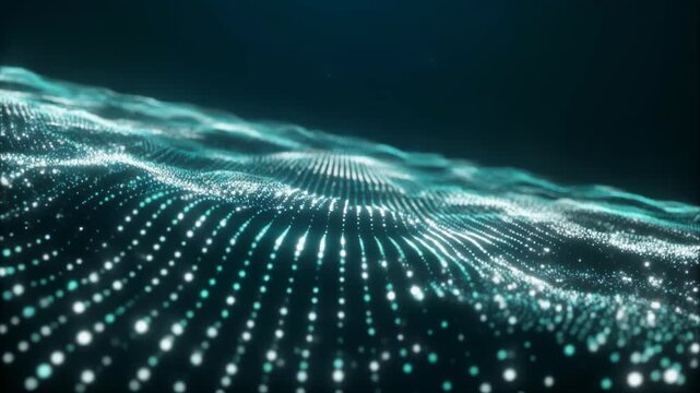 Abstract digital wave of glowing particles in futuristic cyberspace.