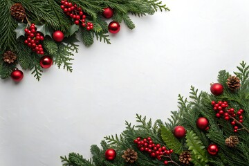 Festive evergreen branches adorned with red berries and baubles create a beautiful Christmas border