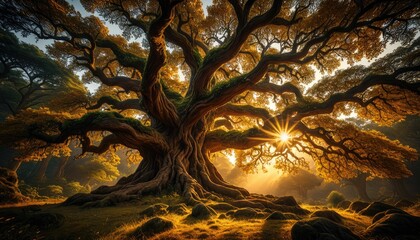 Majestic Ancient Oak Tree Bathed in Golden Sunlight, Symbol of Strength, Wisdom, and Nature's Grandeur