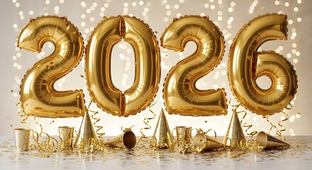 Golden 2026 balloons with party decorations on a bokeh light background for New Year celebration