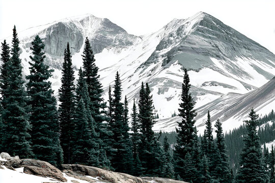 Foggy view of snowy mountains and pine tree forest, landscape background - Powered by Adobe