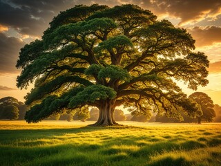 Majestic Ancient Tree Silhouette at Golden Hour: A Timeless Landscape Photograph for Nature Lovers