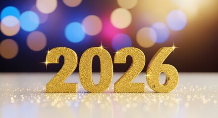 Sparkling golden 2026 numbers against a bokeh background for New Year's Eve