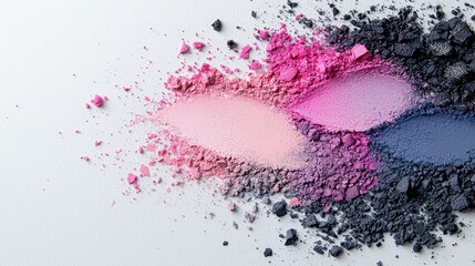 A vibrant explosion of crushed eyeshadow in shades of pink, purple, blue, and black artfully scattered across a white surface.