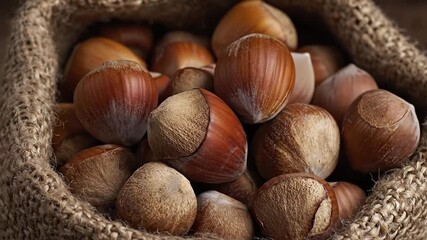 A close-up shot reveals a bounty of fresh, whole nuts, still in their natural shells, nestled within a rustic, textured burlap sack. The warm, earthy tones of the nuts and the coarse fabric create an  - Powered by Adobe