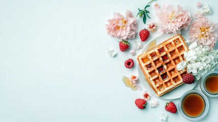A close-up overhead view of a golden waffle topped with syrup, surrounded by fresh raspberries and strawberries, and adorned with soft pink and white flowers.