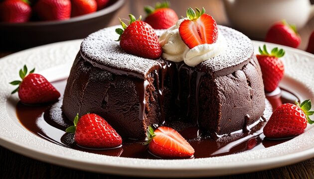 Molten Chocolate Lava Cake with Fresh Strawberries and Whipped Cream - Decadent Dessert Photography for Food Bloggers & Bakers - Powered by Adobe