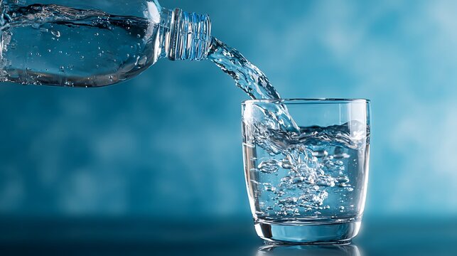 Pouring fresh clear water from bottle into glass on blue background - Powered by Adobe