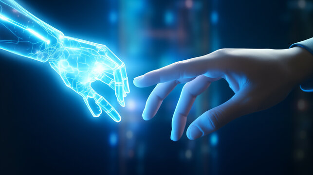 Human hand reaching digital AI robot hand. Future technology, artificial intelligence, human-machine connection, innovation, and partnership concept on a dark blue background. - Powered by Adobe