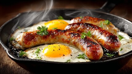 Sizzling gourmet skillet breakfast of fried eggs and grilled sausages in cast iron pan comfort food experience
