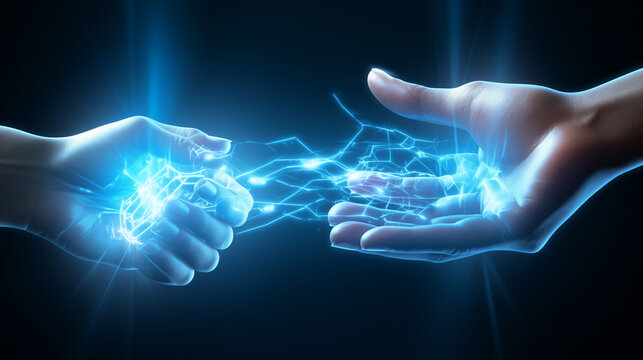 Digital Hands Connecting with Blue Electric Energy. Futuristic Technology, AI, Partnership, and Innovation Concept. Abstract Network and Communication.