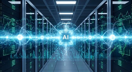 Futuristic data center with glowing AI lights and green circuit patterns on server racks.
