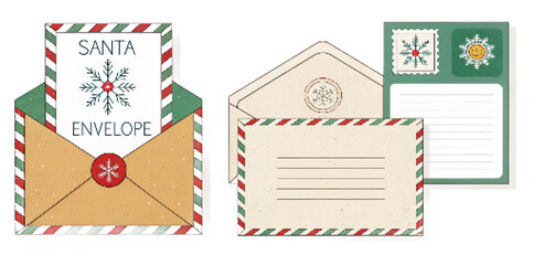 Christmas Envelope Vector Set Flat Design Illustration – Letter to Santa, Outline, and Decorative Styles, Festive Holiday Clipart PNG

