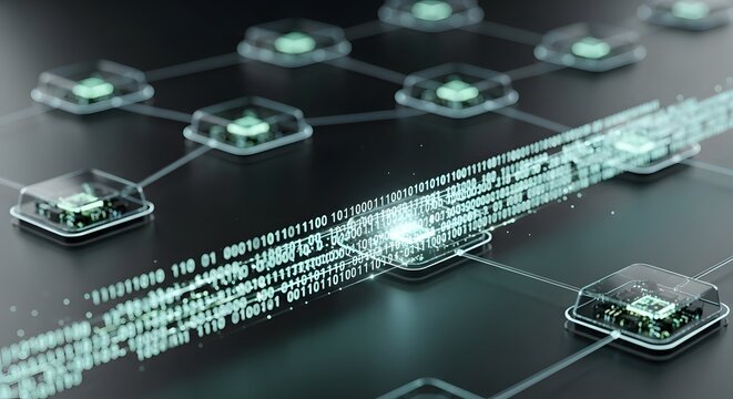 Close-up of a futuristic network visualization with glowing blue nodes and data streams on a dark background.