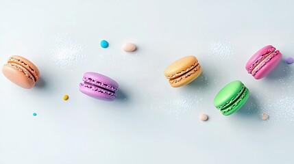 A collection of vibrantly colored French macarons and small round candies are artfully arranged on a clean white surface, dusted with powdered sugar.