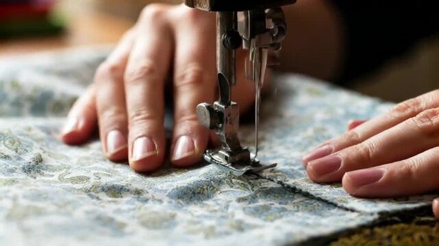 Close-up Video of Hands Sewing Fabric on a Sewing Machine