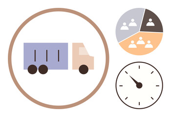 Delivery truck in circle, pie chart dividing groups, clock with hands. Ideal for logistics, distribution, teamwork, time management, efficiency organization planning. Modern flat simple flat
