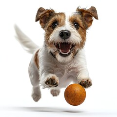 Energetic Jack Russell Terrier Dog Jumps and Plays with Ball on White Background. Generative AI