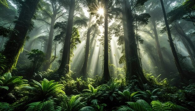 Misty Rainforest Sunrise: Sunbeams Pierce Through Lush Emerald Canopy in Magical Forest