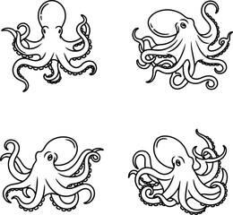 Four cartoon octopuses in black and white line art