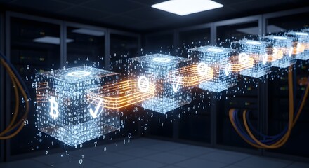 Futuristic data cubes floating in a dark server room with cables and glowing lights