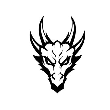 Front Facing Horned Dragon Head Logo With Symmetrical Horns, Strong Linework