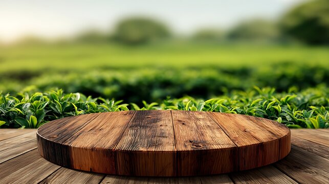 Wooden table top with blur green tea plantation field in background