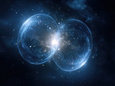 Two luminescent spheres merging amidst a cosmic backdrop with shimmering stars and ethereal hues