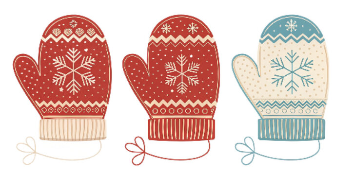 Winter Mittens Vector Set Flat Design Illustration &ndash; Classic, Outline, and Patterned Styles, Festive Seasonal Clipart PNG

