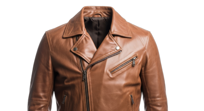 Shiny Brown Leather Motorcycle Jacket With Zipper Details and Lapel Collar Studio Shot With Transparent Background