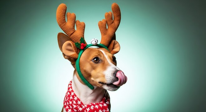 Cute basenji dog wearing reindeer antlers and scarf for christmas