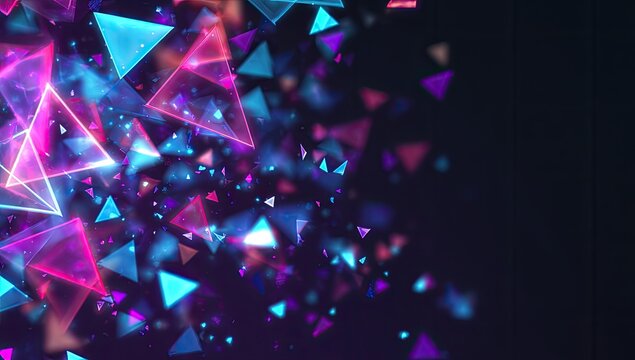 Abstract illustration of glowing, translucent triangles floating against a dark background