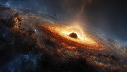 A cosmic rendering showcasing a swirling, fiery disk around a massive black hole