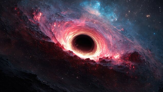 An artistic depiction of a colossal black hole consuming surrounding cosmic matter