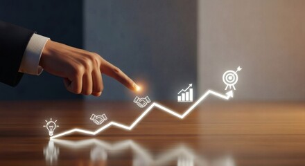 Business growth and success strategy – hand indicating upward business line to target