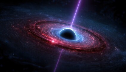 Vivid digital depiction of a celestial black hole consuming light, ejecting energy, and swirling cosmos