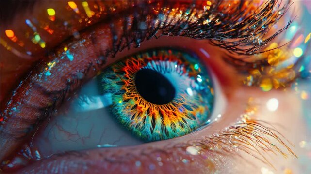 A person's eye with an artistic design, featuring colors of blue, green, red and orange with a pattern that gives it a fiery look. The makeup style appears to be inspired by theatrical or costume