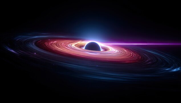 A celestial depiction of a black hole with glowing accretion disk and light, set against the dark - Powered by Adobe